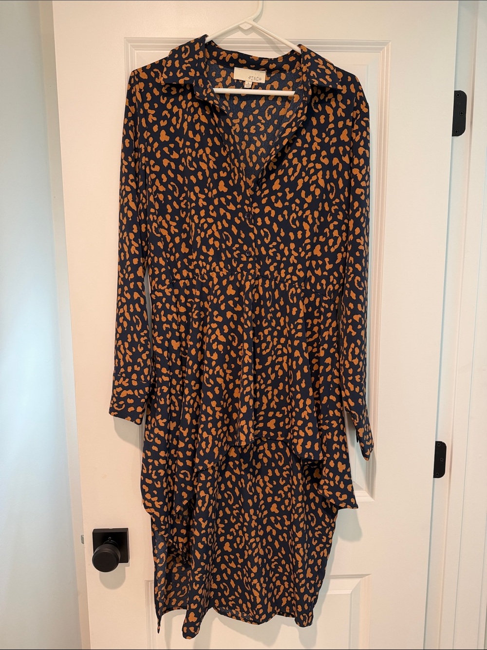 Pinch at Anthropologie Navy and Camel Leopard Long Sleeve Printed Shirt Dress